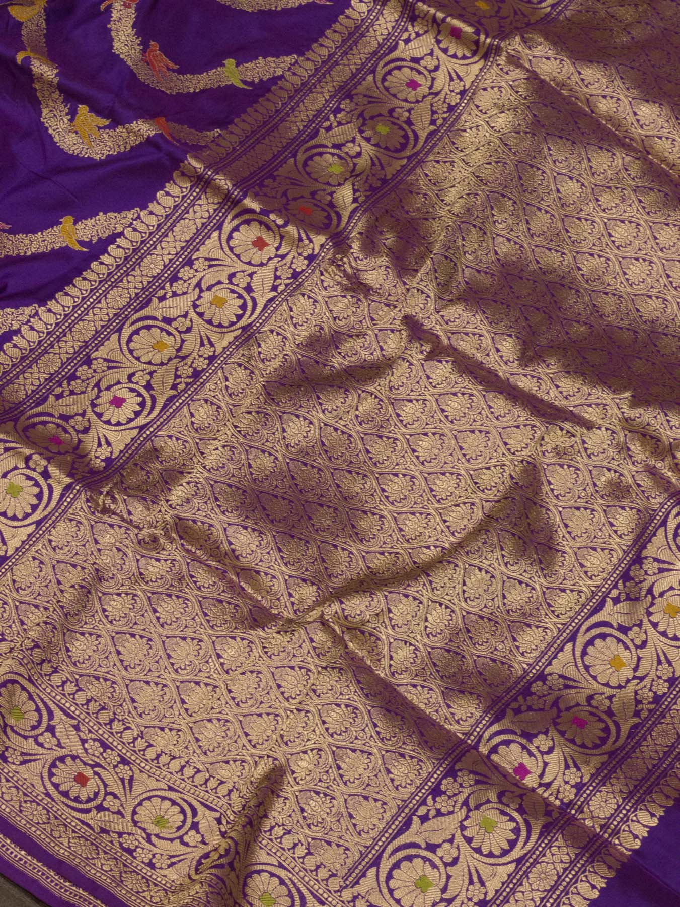 Purple Pure Katan Silk Handloom Saree with Kadhwa Shikargah Jangla Gold Zari Tilfi Meenakari