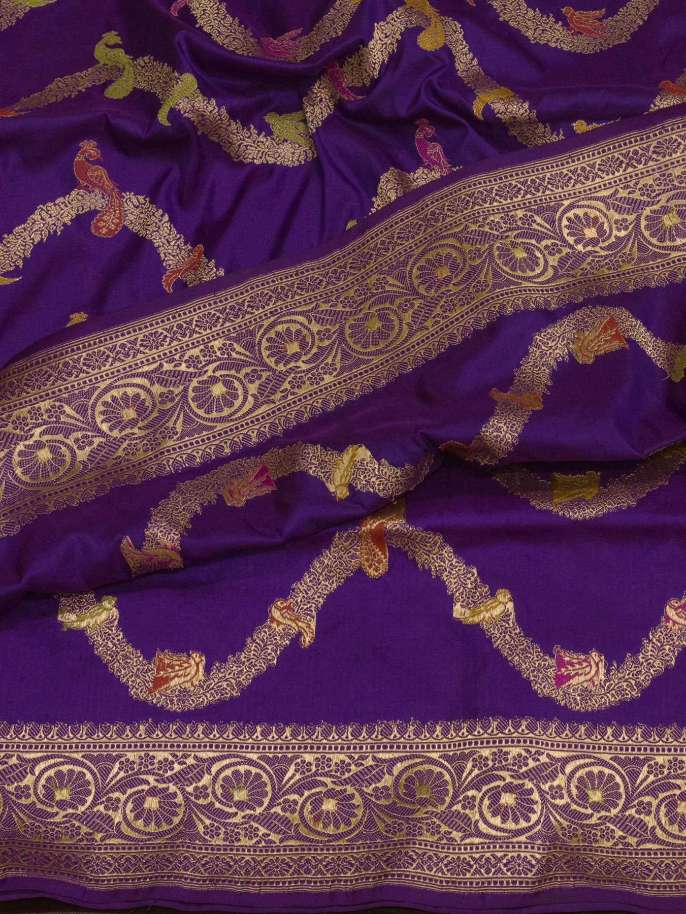 Purple Pure Katan Silk Handloom Saree with Kadhwa Shikargah Jangla Gold Zari Tilfi Meenakari