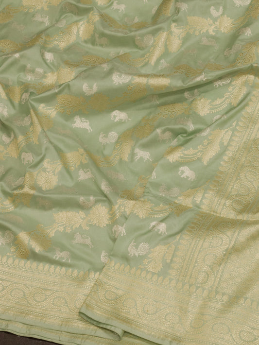 Sea Blue Pure Katan Silk Handloom Saree with Kadhwa Shikargah Jangla Gold & Silver Zari Meenakari