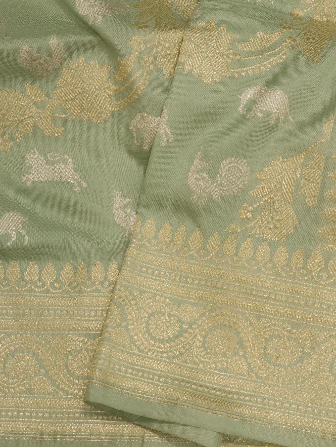 Sea Blue Pure Katan Silk Handloom Saree with Kadhwa Shikargah Jangla Gold & Silver Zari Meenakari