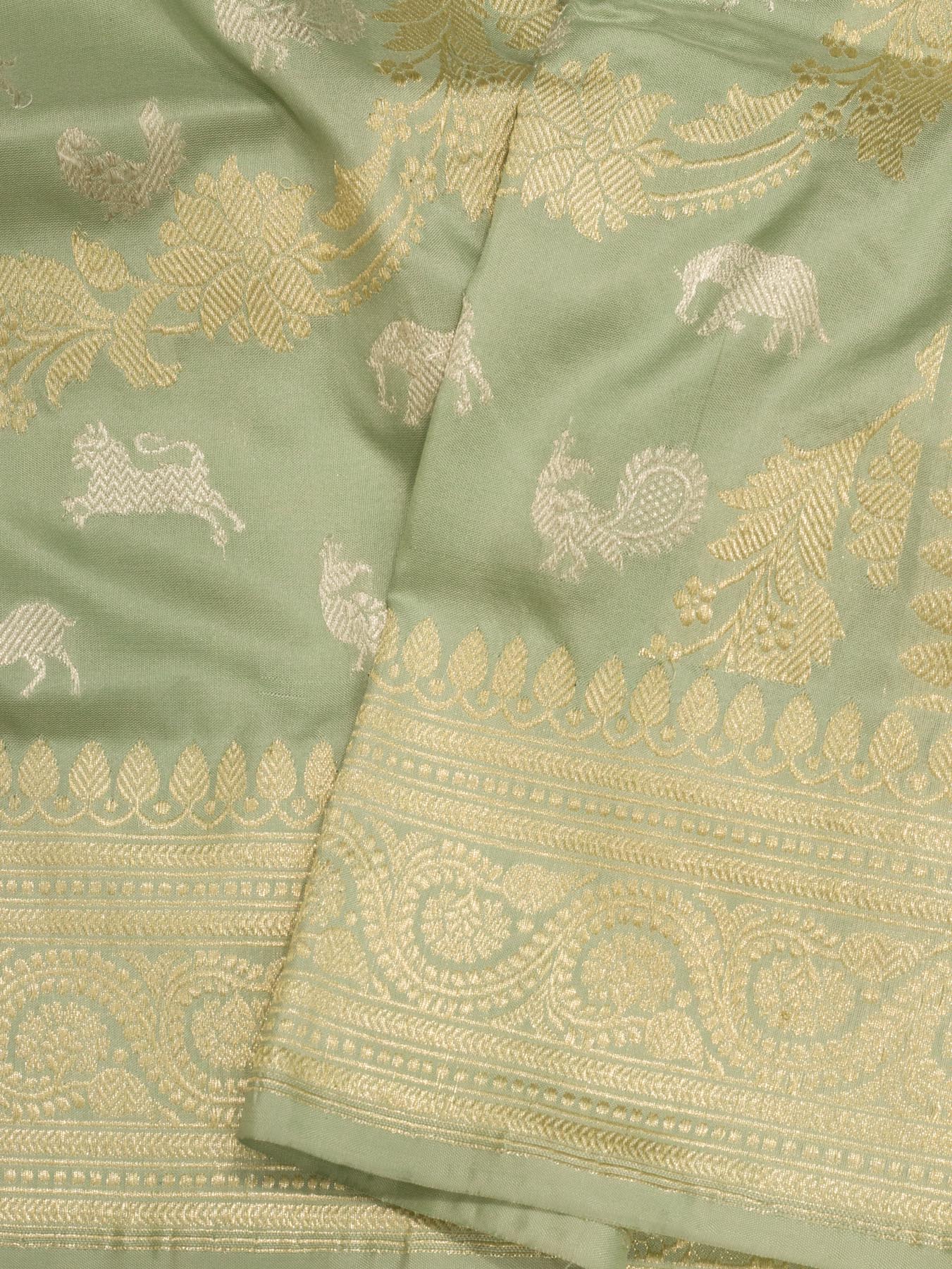 Pure Katan Silk Sea Blue Banarasi Exquisitely woven with Kadhwa Shikargah Jangla motifs and enriched with Gold - ZARISPIRE