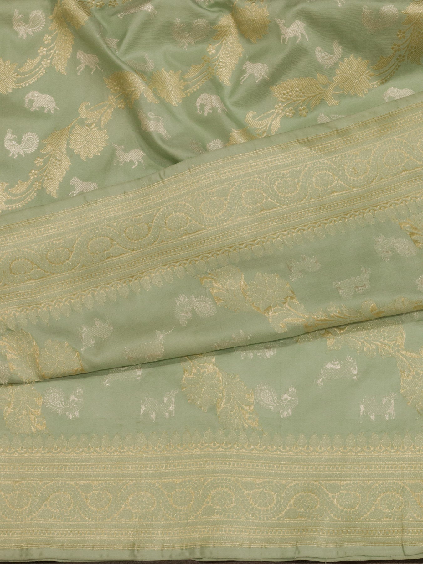 Sea Blue Pure Katan Silk Handloom Saree with Kadhwa Shikargah Jangla Gold & Silver Zari Meenakari