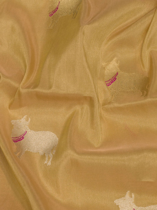 Gold Pure Satin Silk Tissue Handloom Saree with Kadhwa Tilfi Meenakari Gold & Silver Zari Pichwai Buti