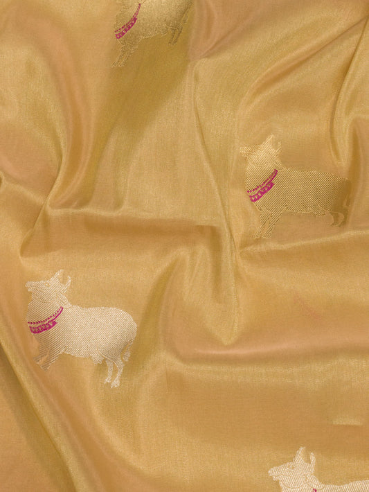 Gold Pure Satin Silk Tissue Handloom Saree with Kadhwa Tilfi Meenakari Gold & Silver Zari Pichwai Buti