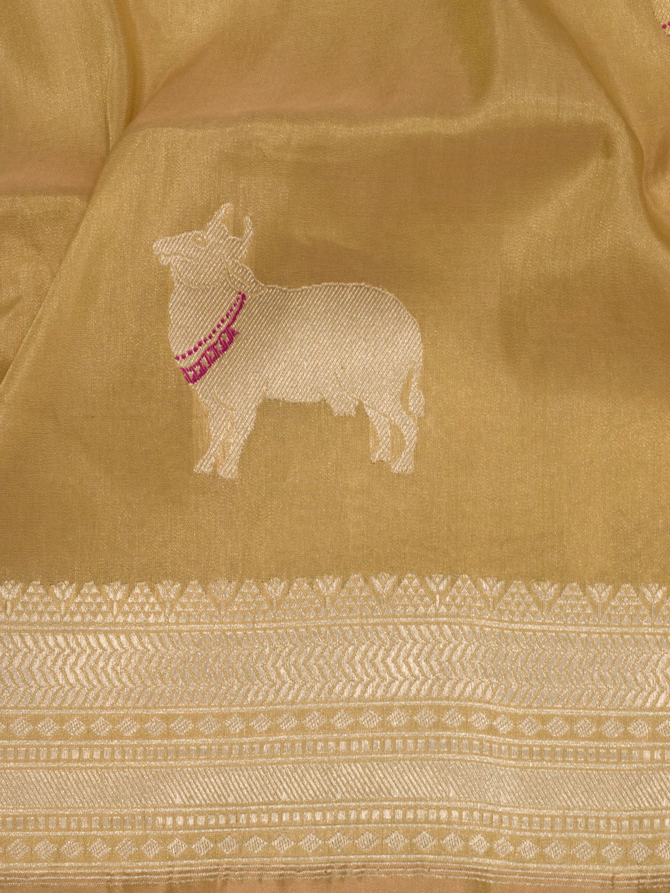 Gold Pure Satin Silk Tissue Handloom Saree with Kadhwa Tilfi Meenakari Gold & Silver Zari Pichwai Buti