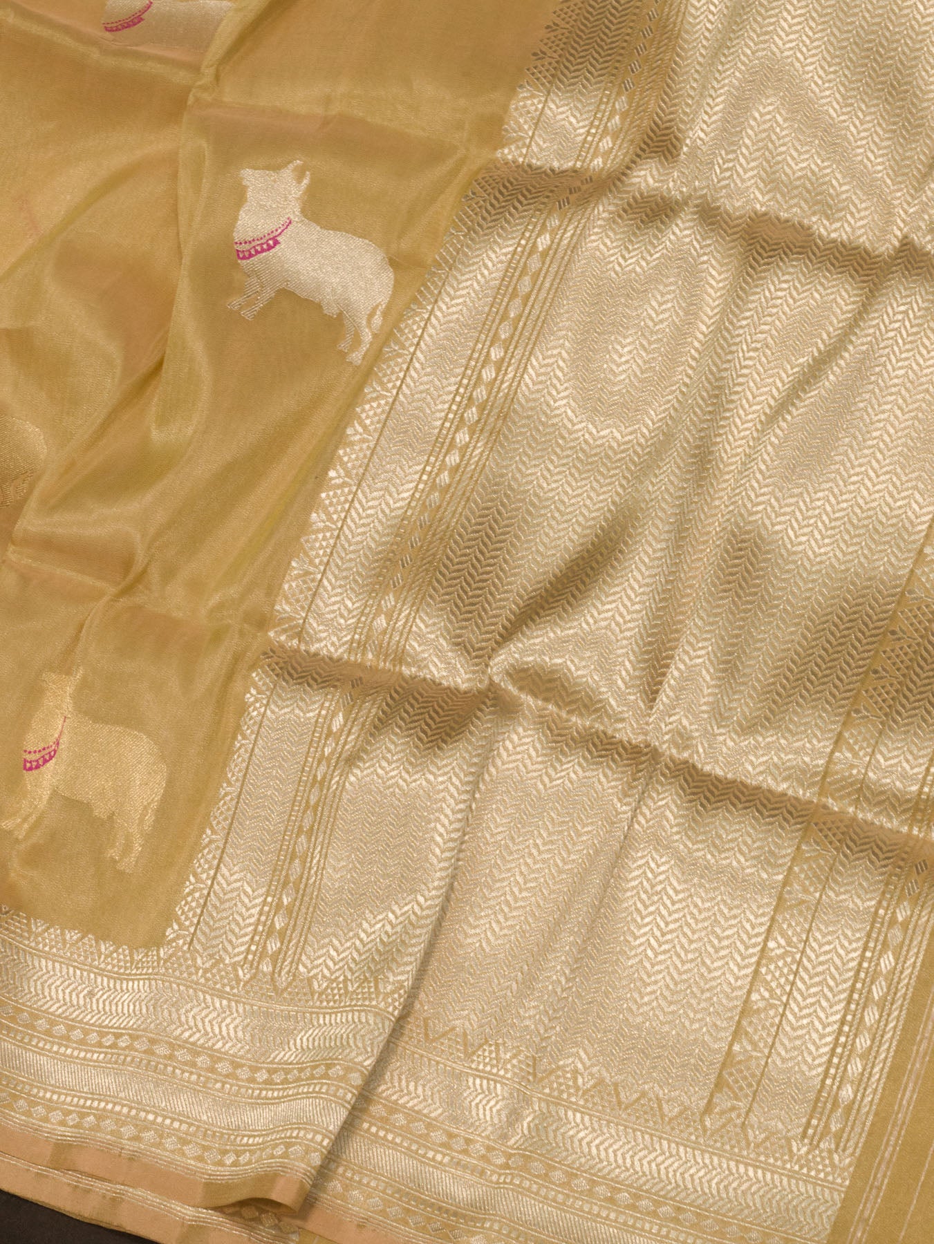 Gold Pure Satin Silk Tissue Handloom Saree with Kadhwa Tilfi Meenakari Gold & Silver Zari Pichwai Buti