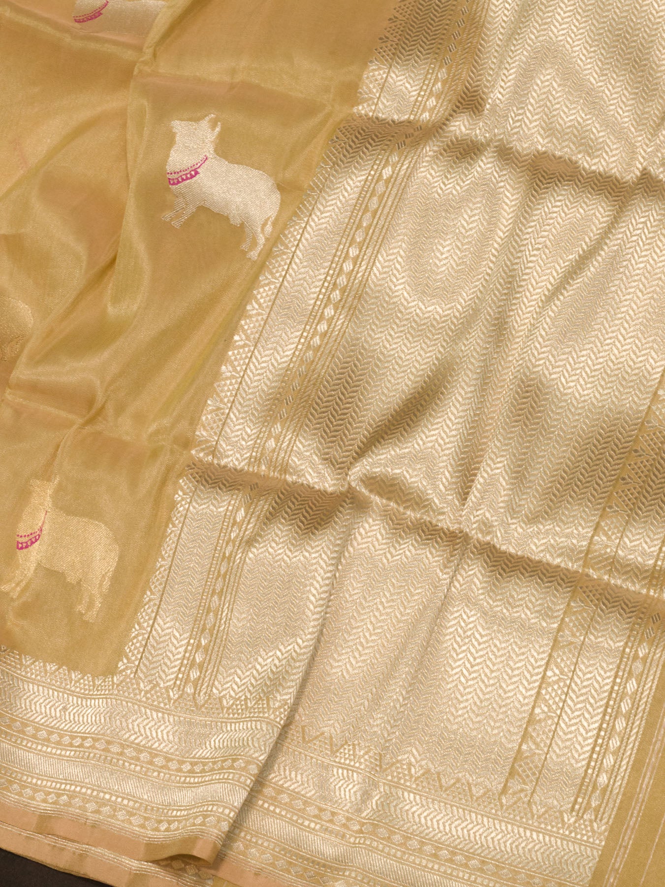 Pure Satin Silk Silver Banarasi Gold Tissue Handloom Saree with Kadhwa Tilfi Meenakari Gold & Zari Pichwai Buti - ZARISPIRE