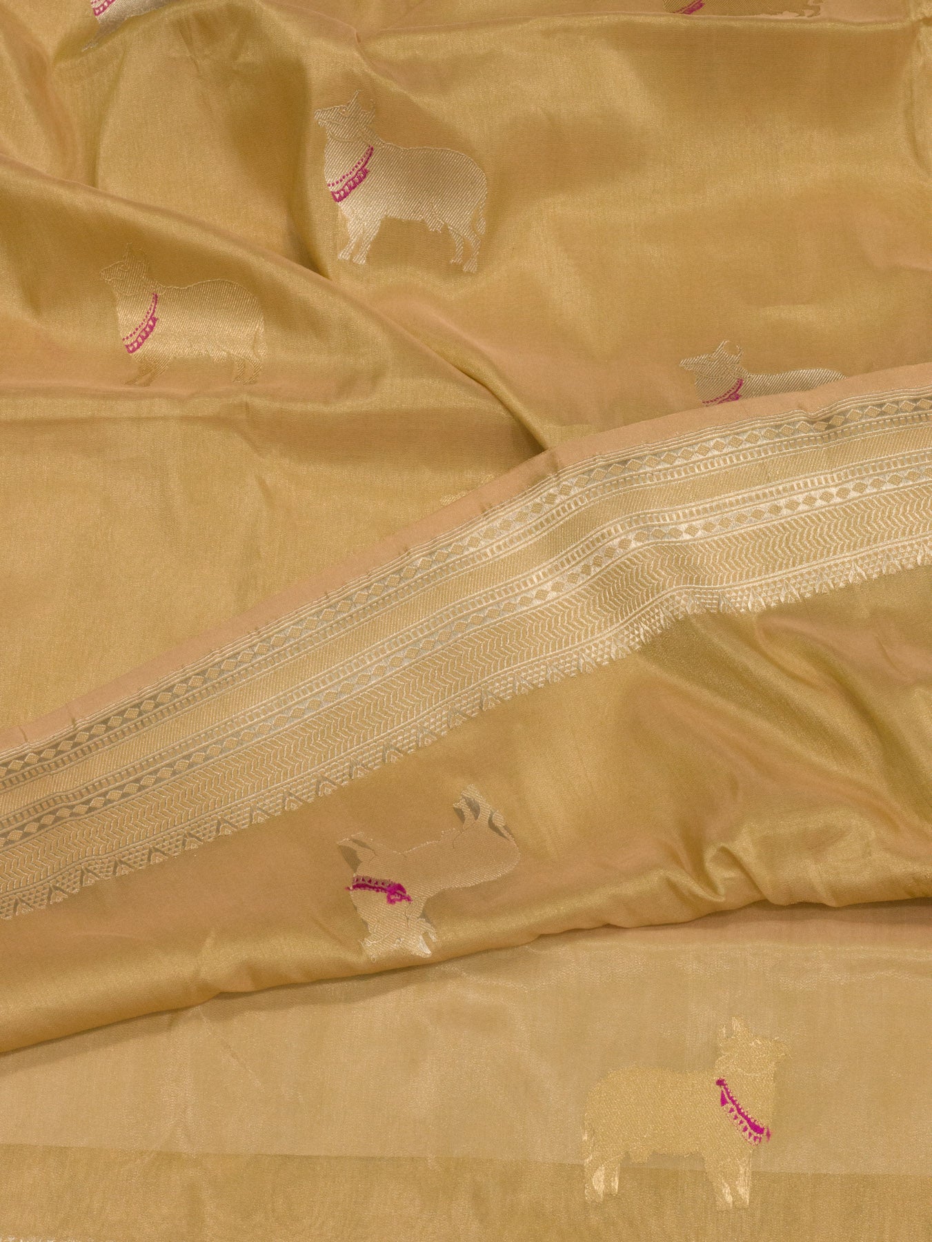 Gold Pure Satin Silk Tissue Handloom Saree with Kadhwa Tilfi Meenakari Gold & Silver Zari Pichwai Buti