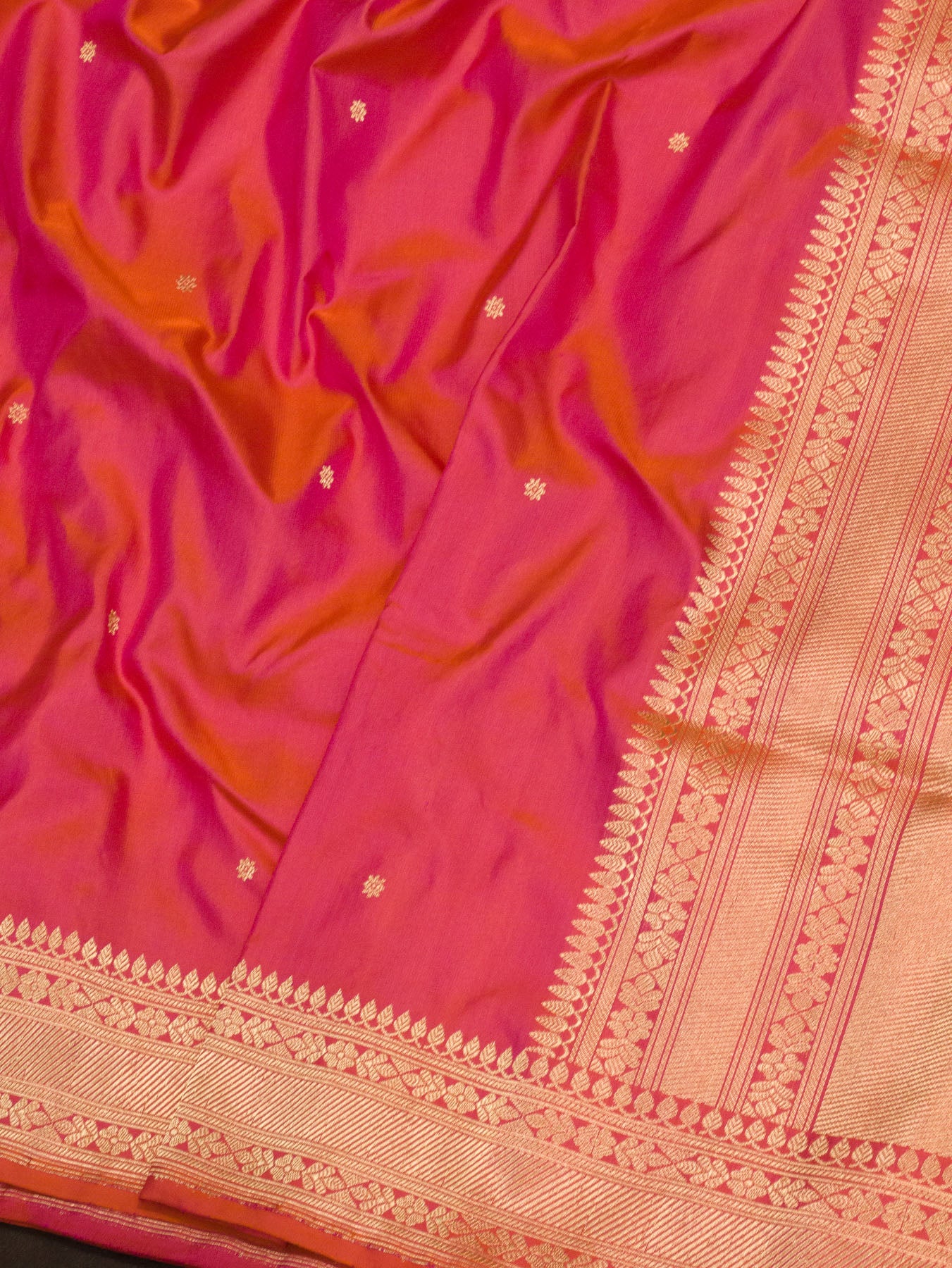 Pure Katan Silk Pink Banarasi Handloom Saree with Kadhwa Fine Gold Zari Butis - close-up of fabric detail - ZARISPIRE