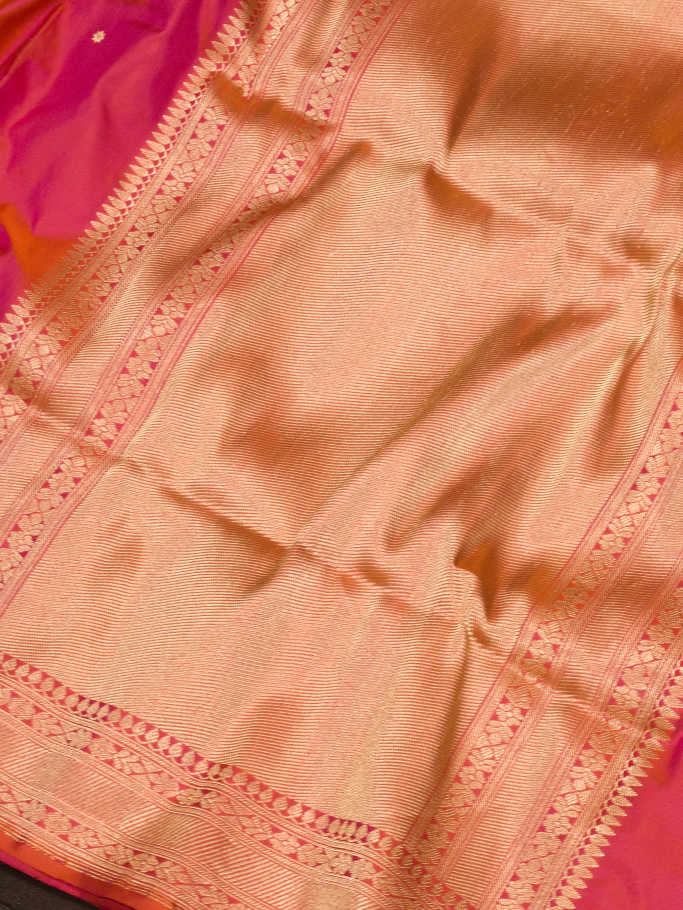 Pure Katan Silk Pink Banarasi Handloom Saree with Kadhwa Fine Gold Zari Butis - fabric weave detail - ZARISPIRE