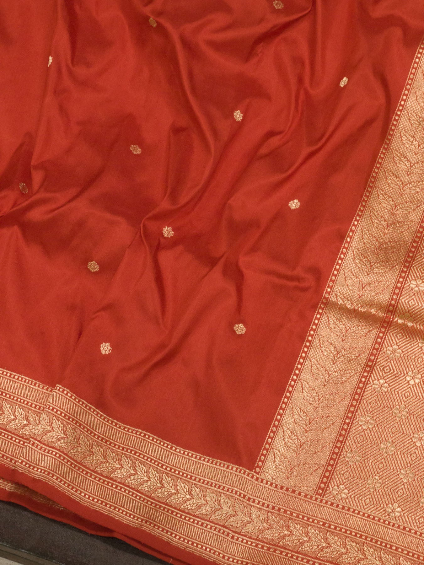 Pure Katan Silk Red Banarasi Handloom Saree with Kadhwa Fine Gold Zari Butis - close-up of fabric detail - ZARISPIRE