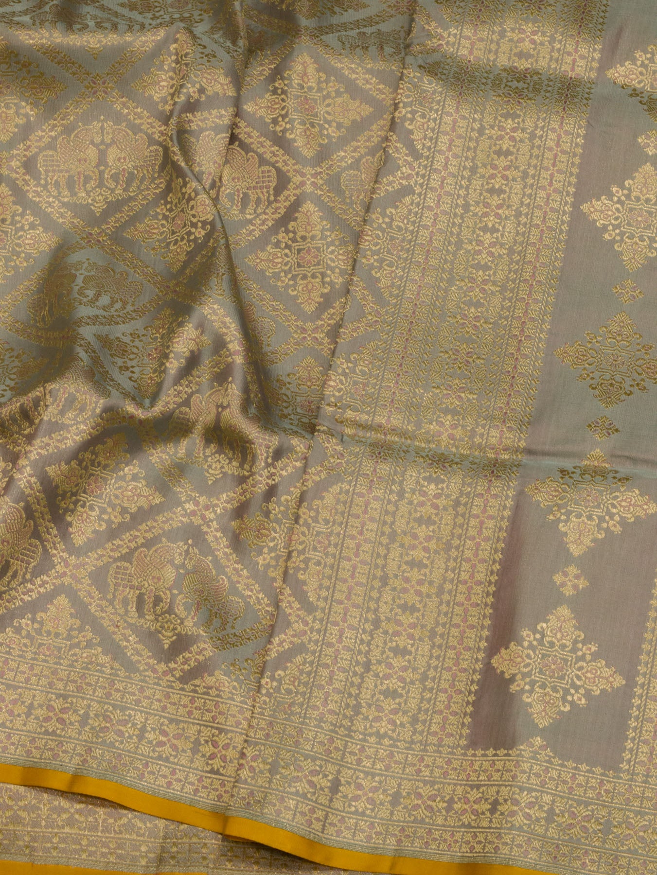 Blue Lavender Pure Satin Silk Handloom Saree with Khaddi Shikargah Zari Meenakari Brocade