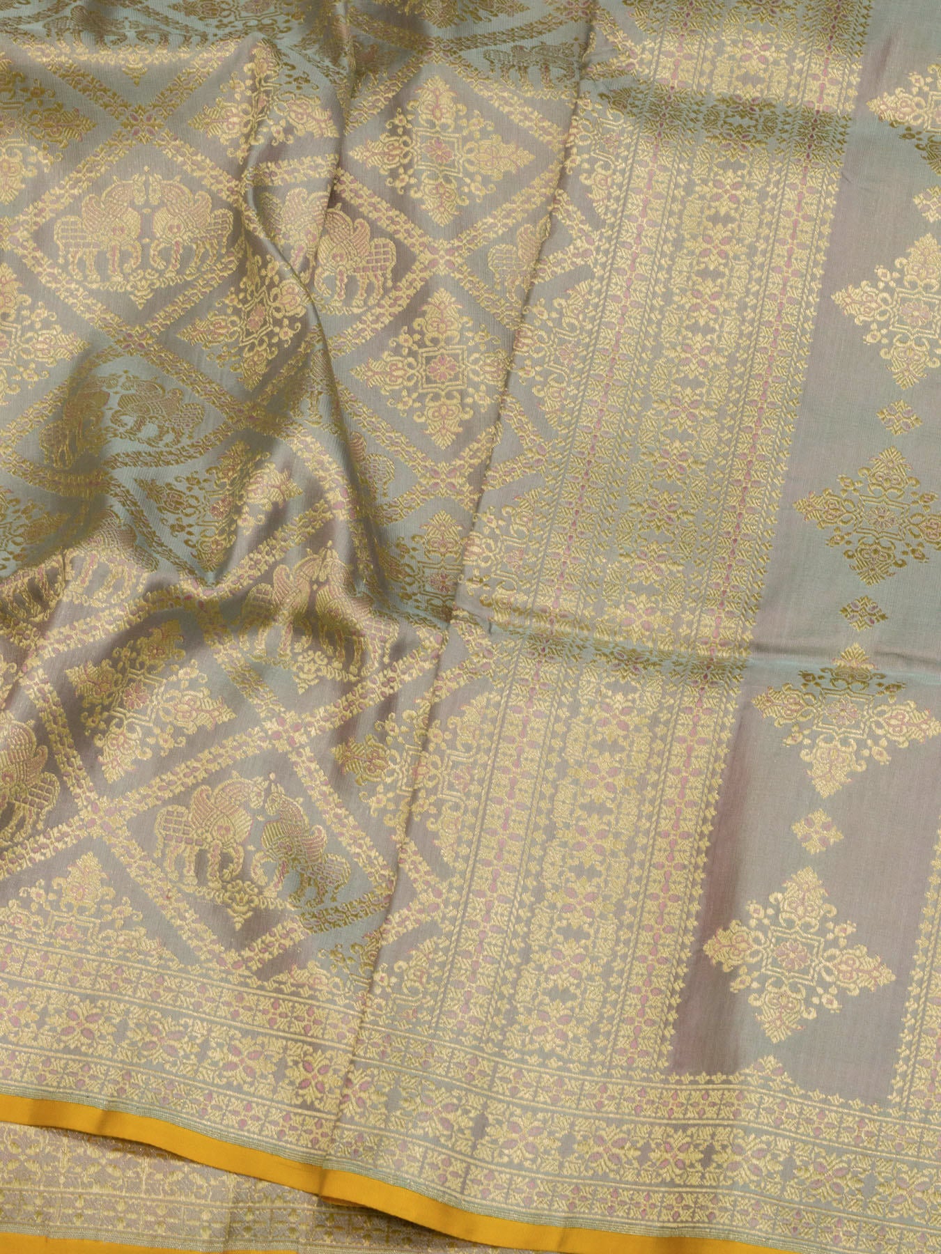 Blue Lavender Pure Satin Silk Handloom Saree with Khaddi Shikargah Zari Meenakari Brocade