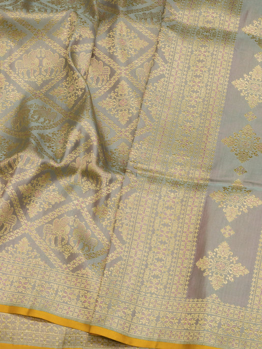 Blue Lavender Pure Satin Silk Handloom Saree with Khaddi Shikargah Zari Meenakari Brocade