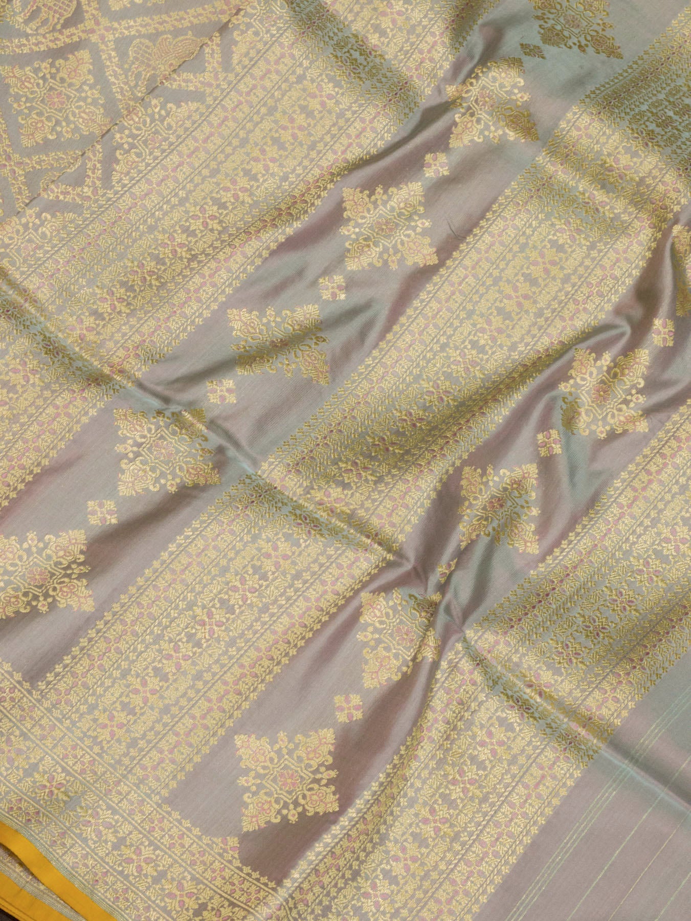 Blue Lavender Pure Satin Silk Handloom Saree with Khaddi Shikargah Zari Meenakari Brocade