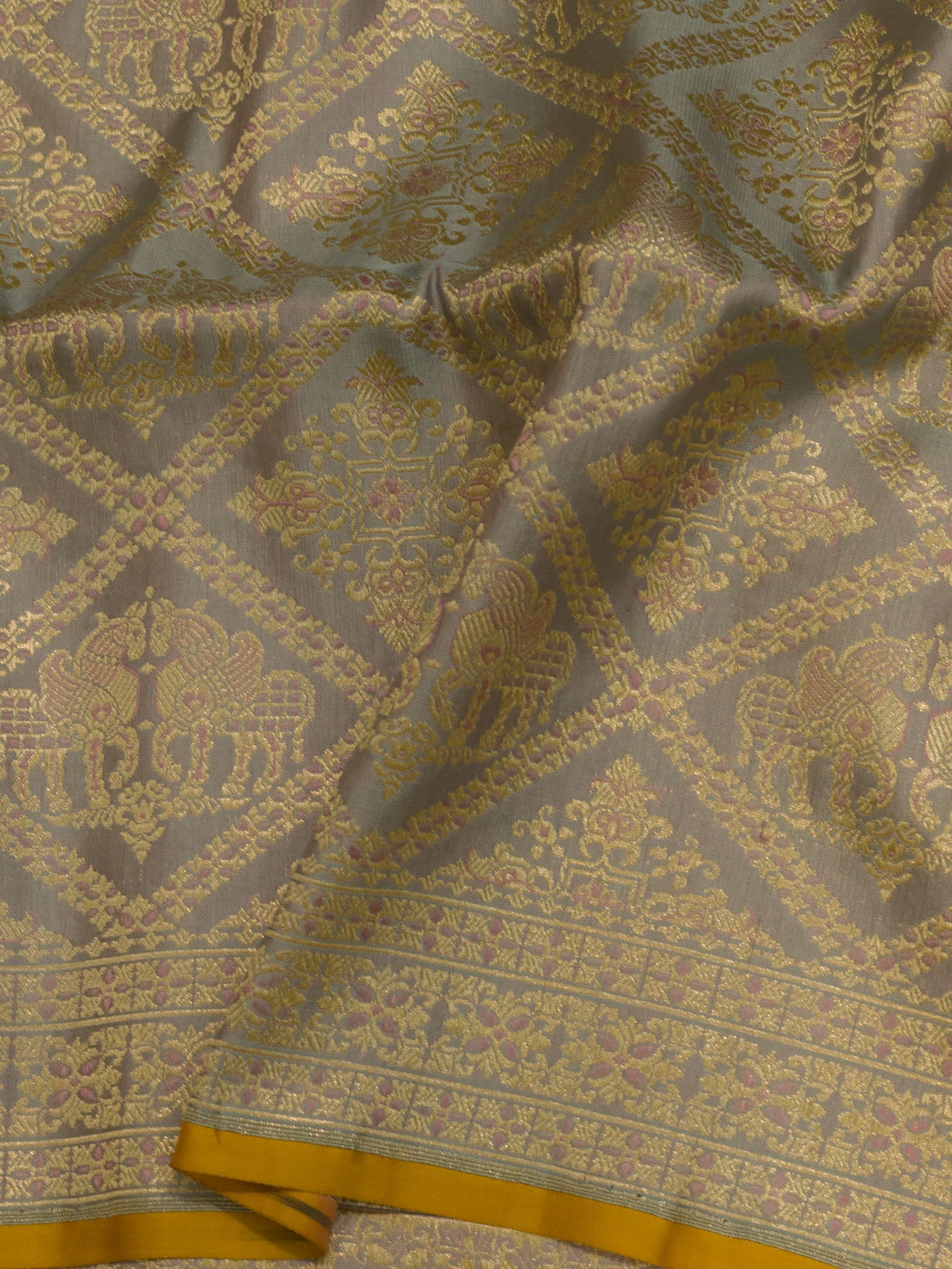 Blue Lavender Pure Satin Silk Handloom Saree with Khaddi Shikargah Zari Meenakari Brocade