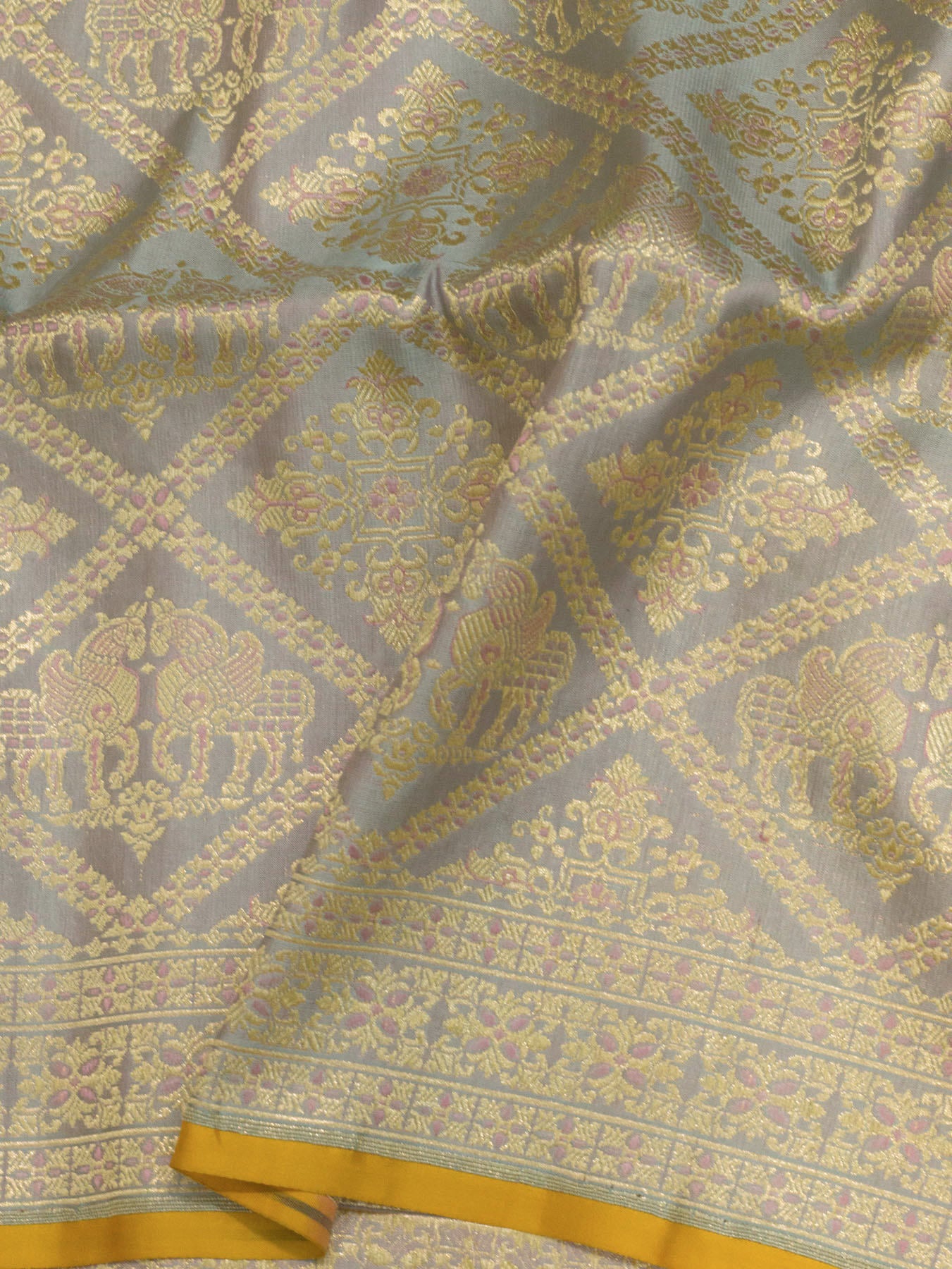 Blue Lavender Pure Satin Silk Handloom Saree with Khaddi Shikargah Zari Meenakari Brocade