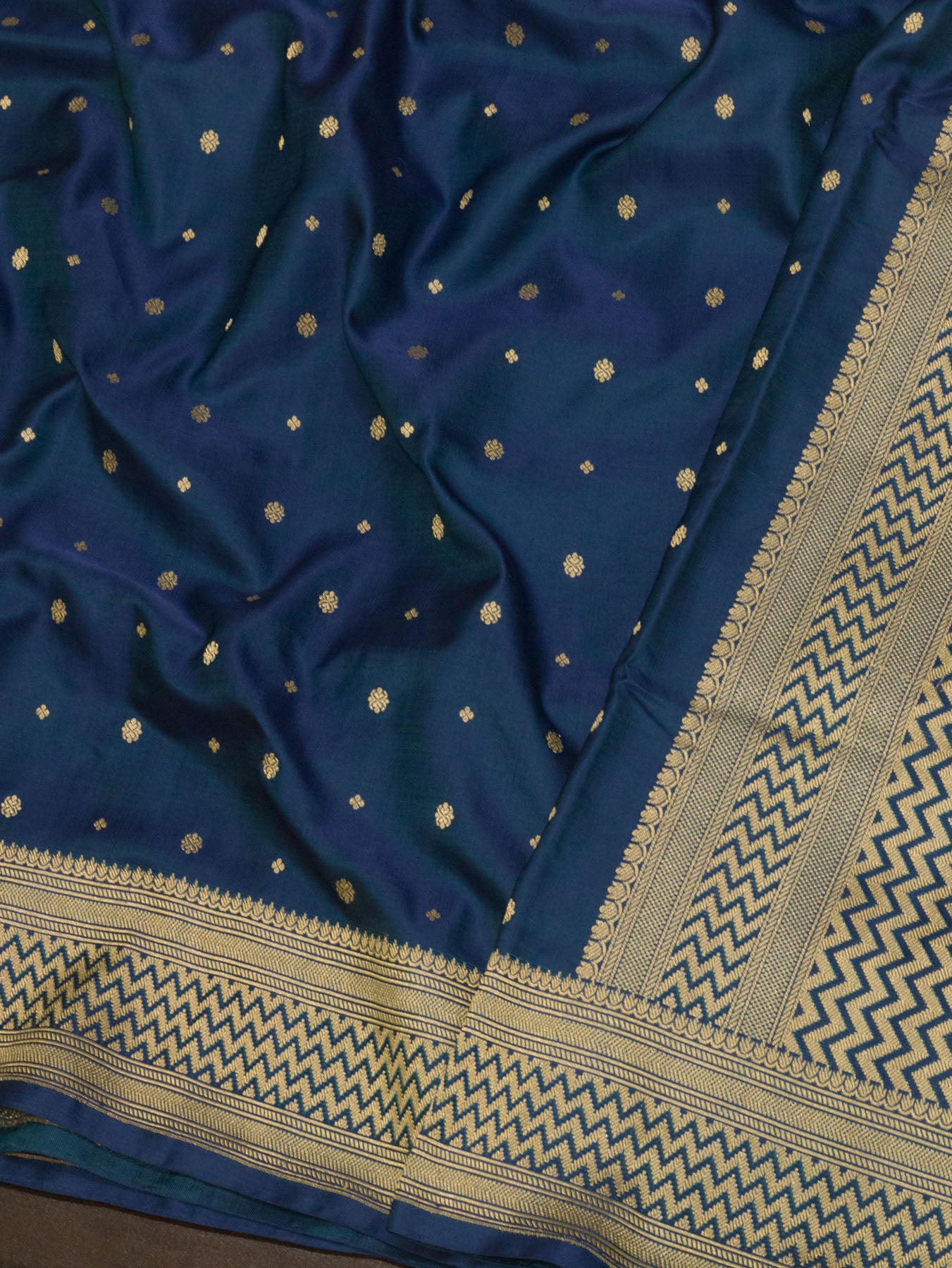 Pure Satin Silk Blue Banarasi Handloom Saree with Kadhwa Border & Khaddi Fine Zari Buti - close-up - ZARISPIRE