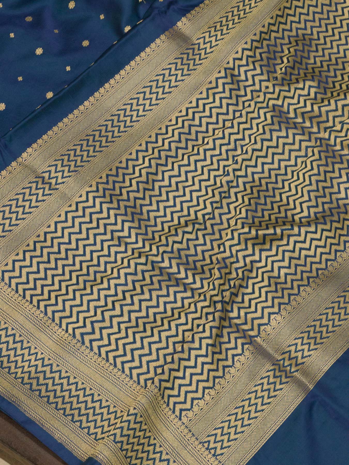 Pure Satin Silk Blue Banarasi Handloom Saree with Kadhwa Border & Khaddi Fine Zari Buti - close-up - ZARISPIRE