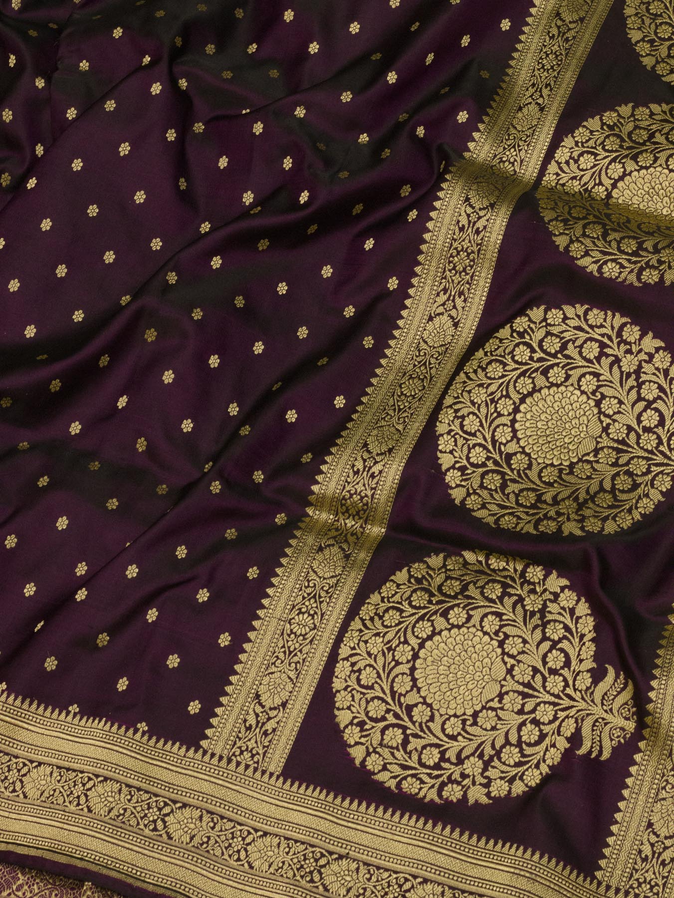 Pure Satin Silk Wine Banarasi Handloom Saree with Kadhwa Border & Pallu and Khaddi Fine Zari Buti - close-up - ZARISPIRE