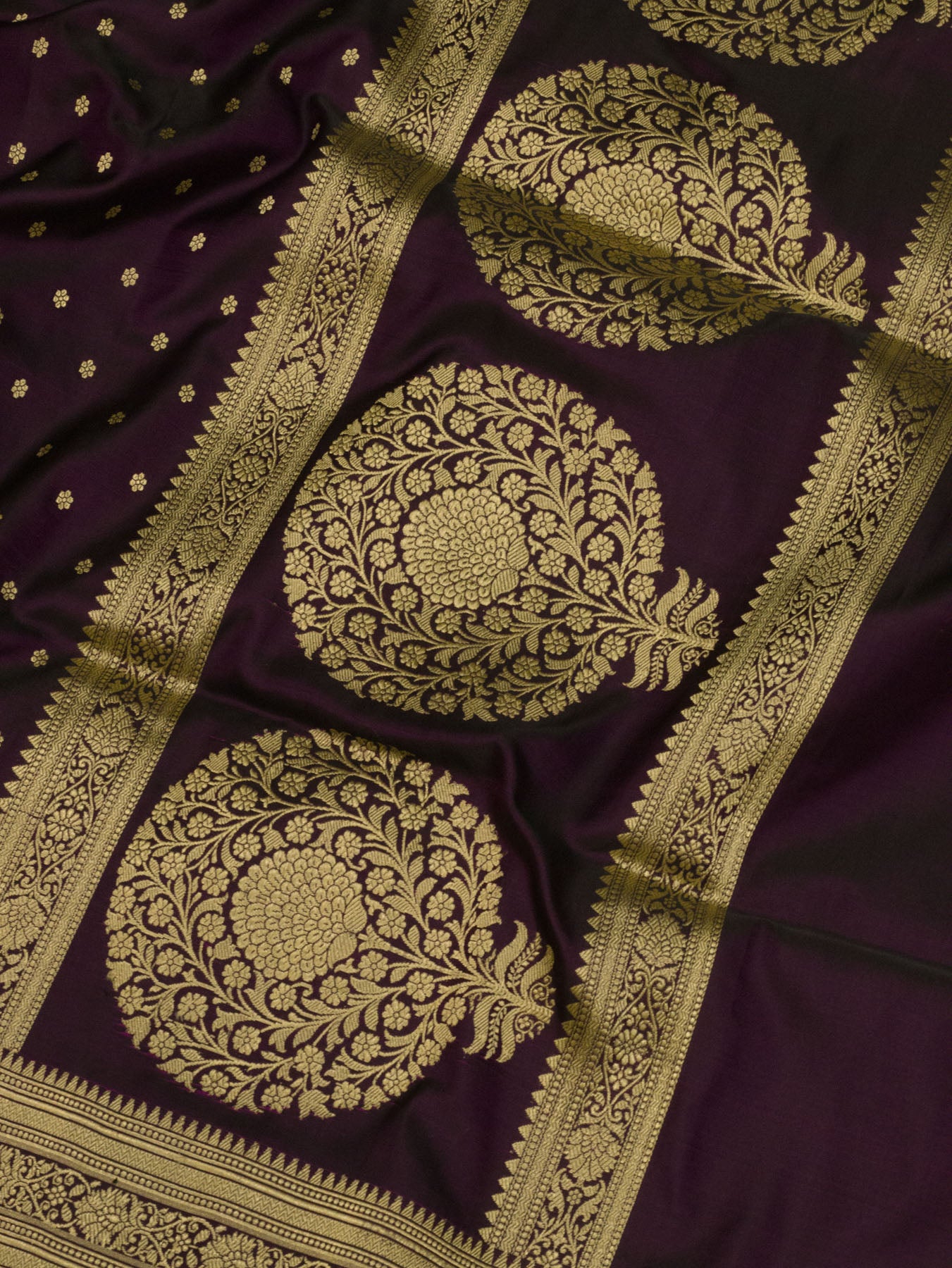 Wine Pure Satin Silk Handloom Saree with Kadhwa Border & Pallu and Khaddi Fine Zari Buti