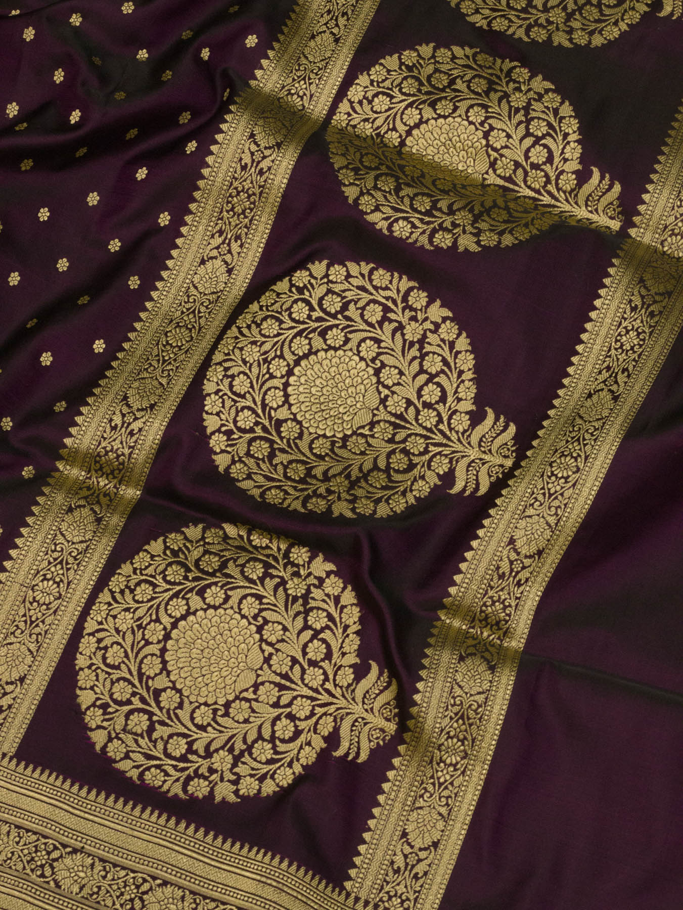 Pure Satin Silk Wine Banarasi Handloom Saree with Kadhwa Border & Pallu and Khaddi Fine Zari Buti - close-up - ZARISPIRE