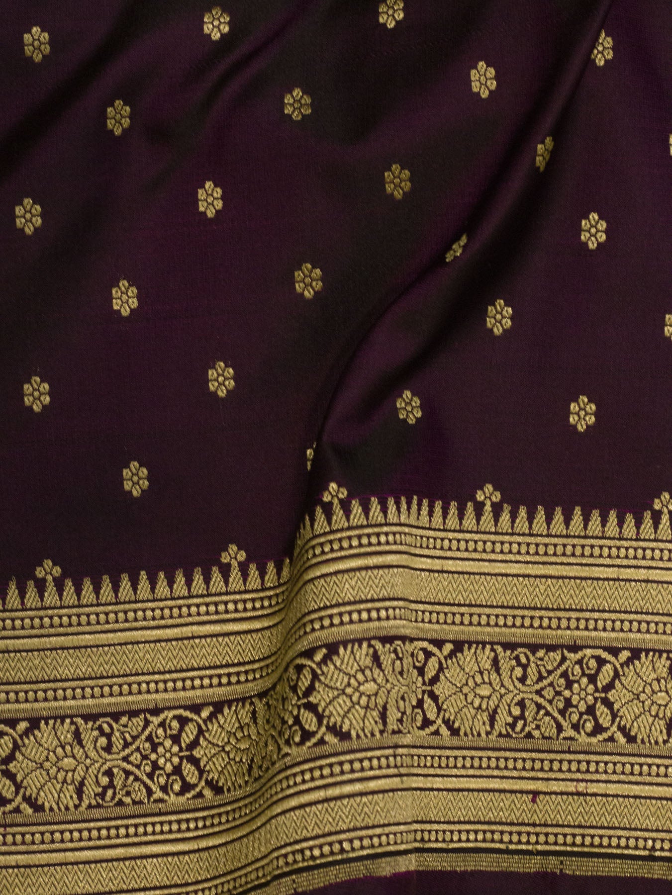 Pure Satin Silk Wine Banarasi Handloom Saree with Kadhwa Border & Pallu and Khaddi Fine Zari Buti - close-up - ZARISPIRE