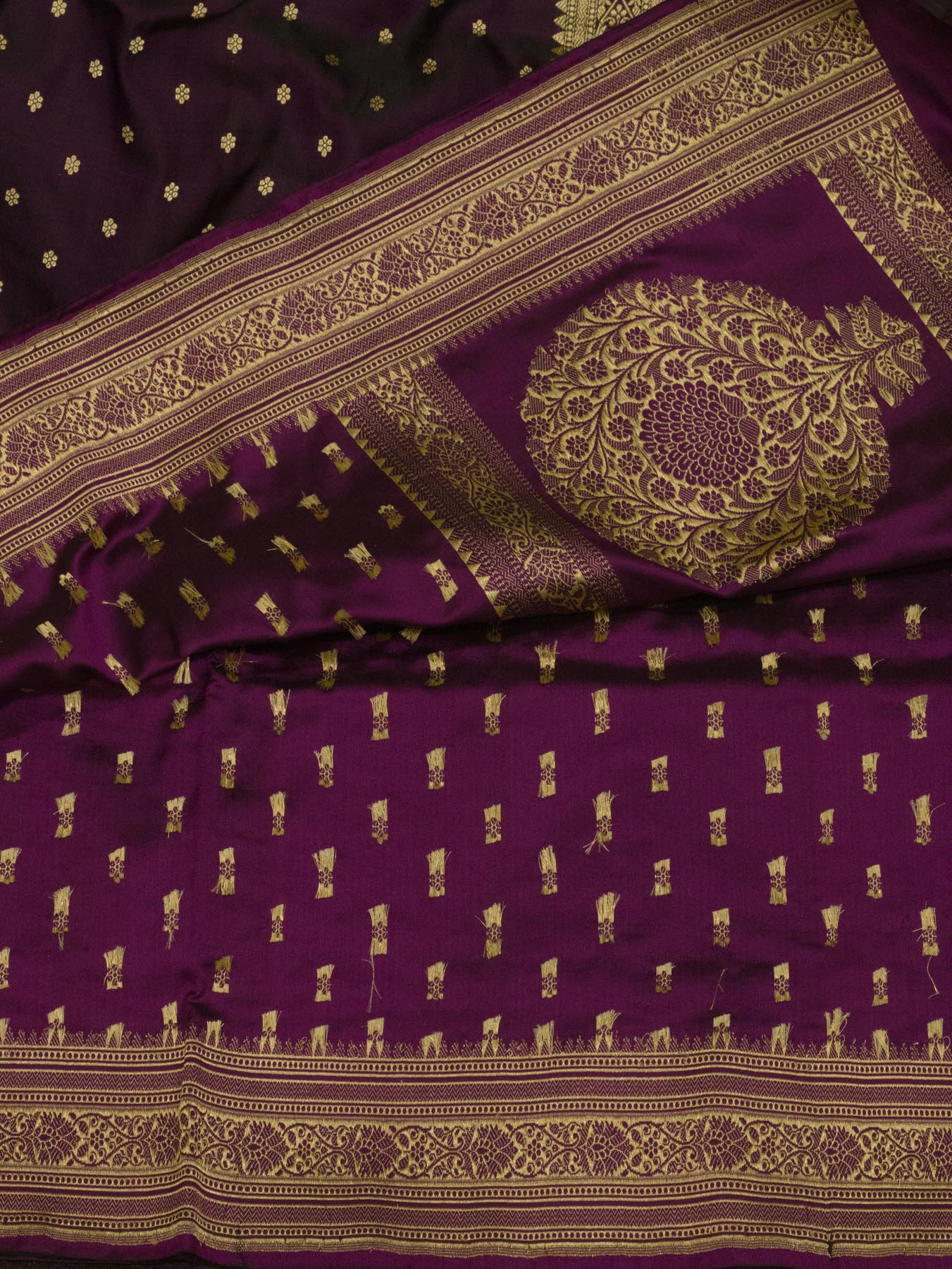 Pure Satin Silk Wine Banarasi Handloom Saree with Kadhwa Border & Pallu and Khaddi Fine Zari Buti - close-up of - ZARISPIRE