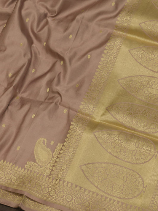 Dusty Mauve Pure Satin Silk Handloom Saree with Kadhwa Koniya Pallu & Border & Fine Zari Khaddi Buti