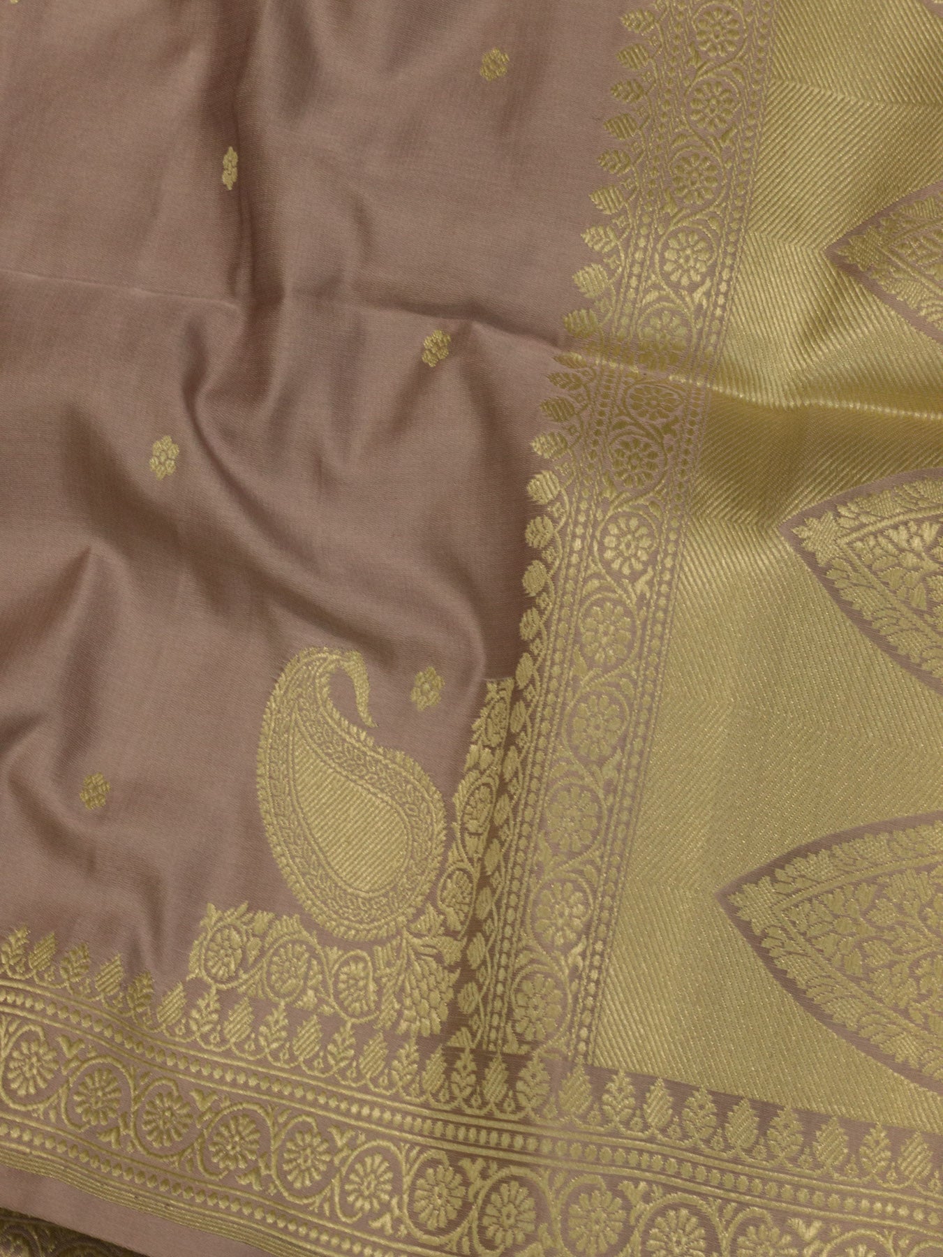Dusty Mauve Pure Satin Silk Handloom Saree with Kadhwa Koniya Pallu & Border & Fine Zari Khaddi Buti