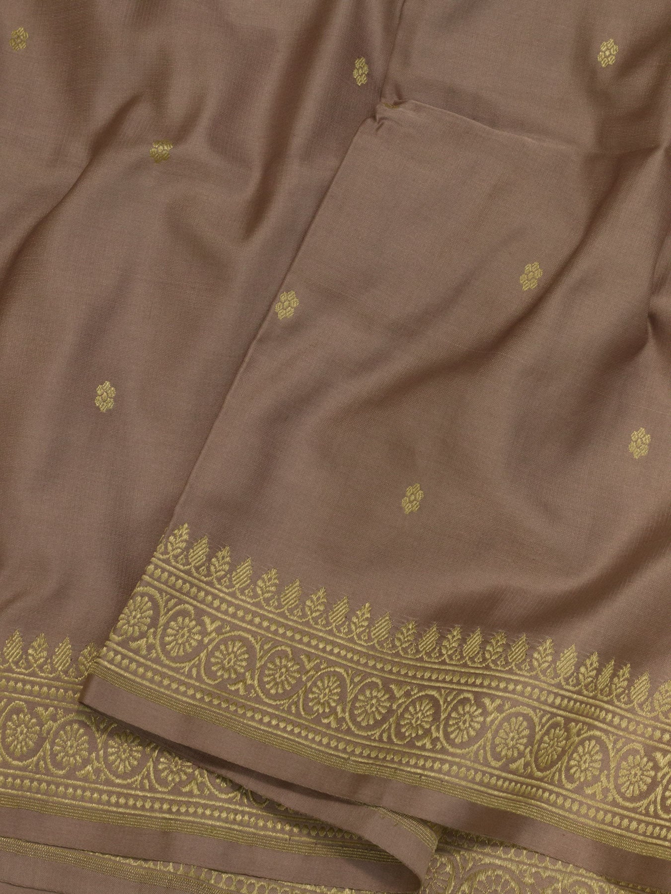 Dusty Mauve Pure Satin Silk Handloom Saree with Kadhwa Koniya Pallu & Border & Fine Zari Khaddi Buti