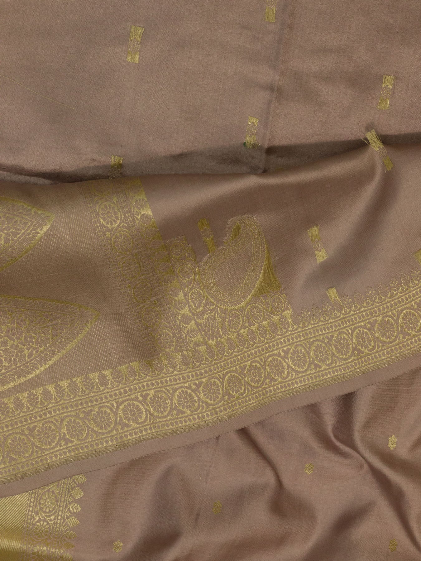 Dusty Mauve Pure Satin Silk Handloom Saree with Kadhwa Koniya Pallu & Border & Fine Zari Khaddi Buti