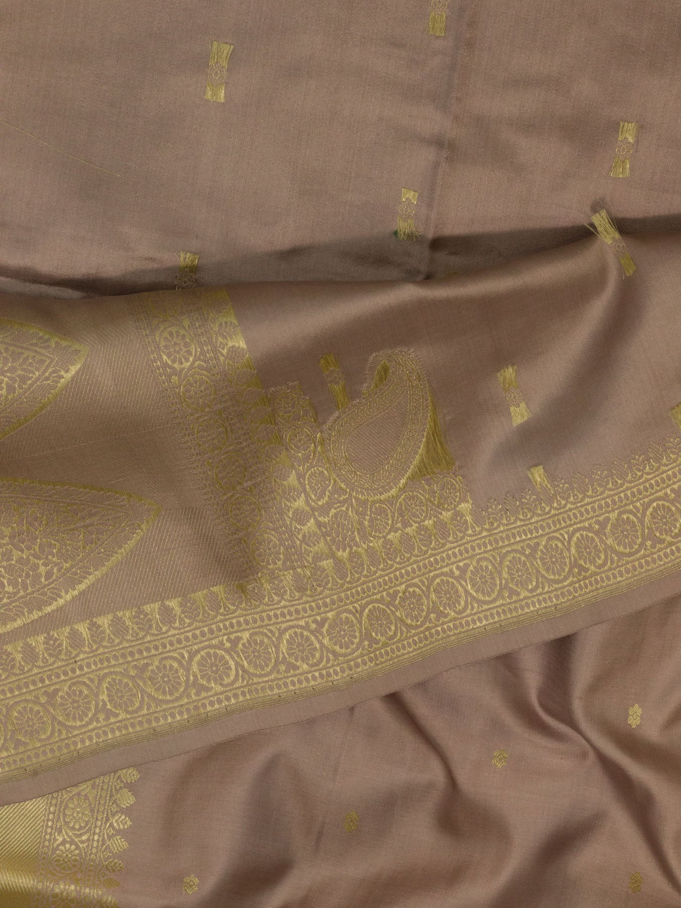 Pure Satin Silk Dusty Mauve Banarasi Handloom Saree with Kadhwa Koniya Pallu & Border & Fine Zari Khaddi Buti - ZARISPIRE