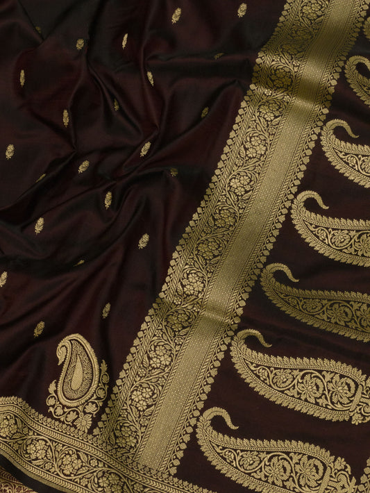 Wine Pure Satin Silk Handloom Saree with Kadhwa Koniya Pallu & Border & Fine Zari Khaddi Buti
