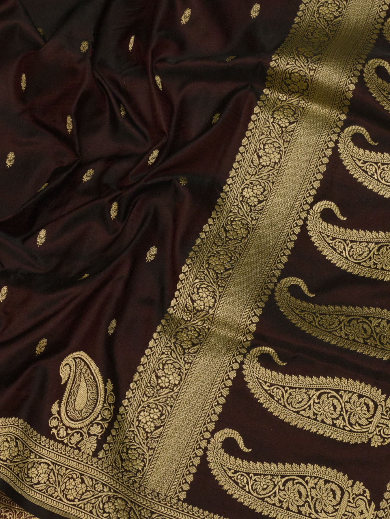 Pure Satin Silk Wine Banarasi Handloom Saree with Kadhwa Koniya Pallu & Border & Fine Zari Khaddi Buti - close-up - ZARISPIRE