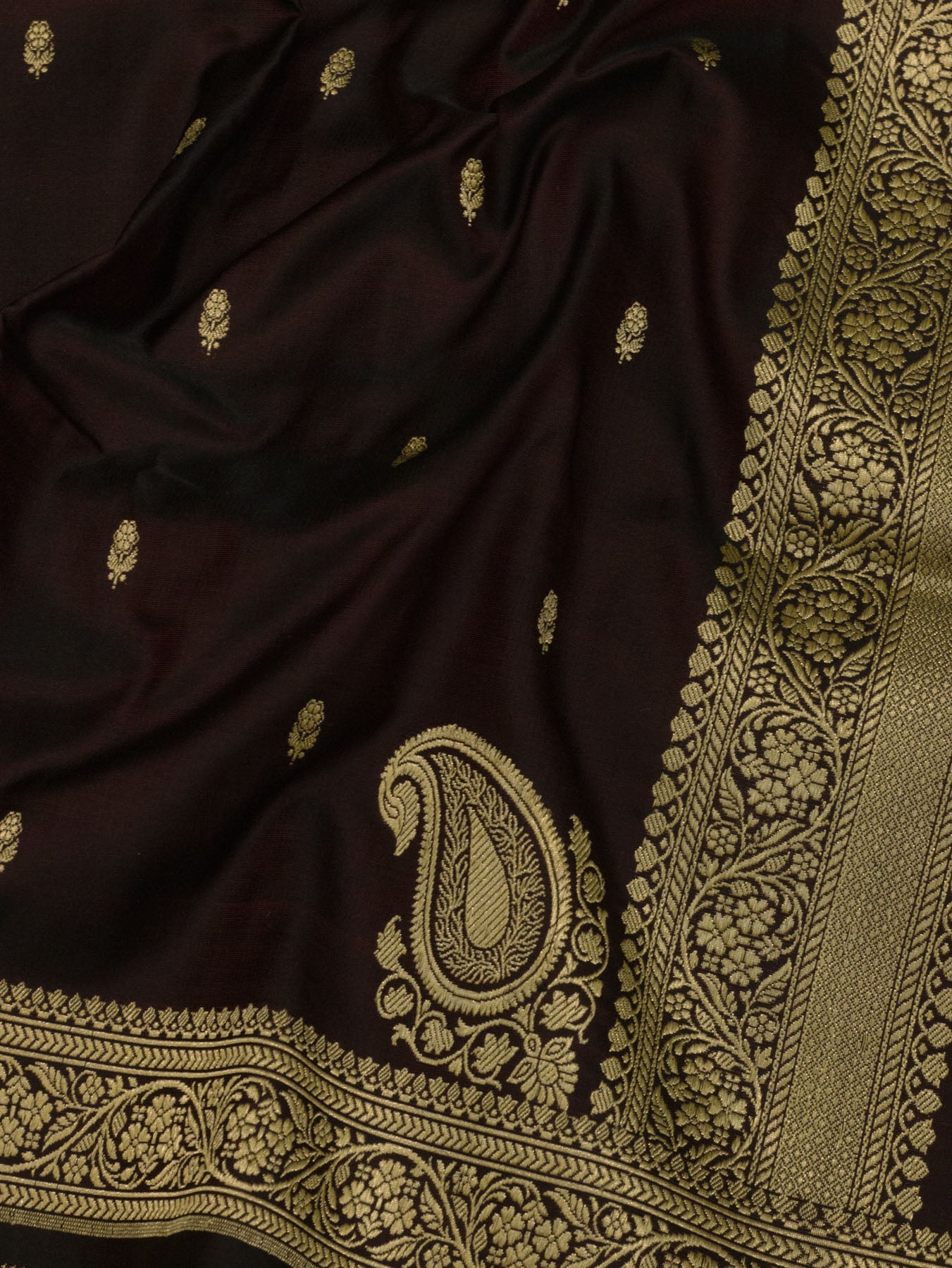 Wine Pure Satin Silk Handloom Saree with Kadhwa Koniya Pallu & Border & Fine Zari Khaddi Buti