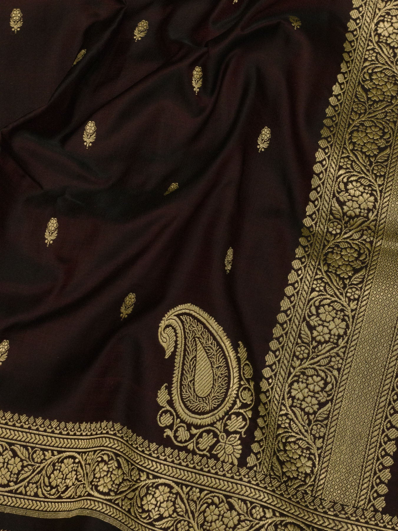 Pure Satin Silk Wine Banarasi Handloom Saree with Kadhwa Koniya Pallu & Border & Fine Zari Khaddi Buti - ZARISPIRE