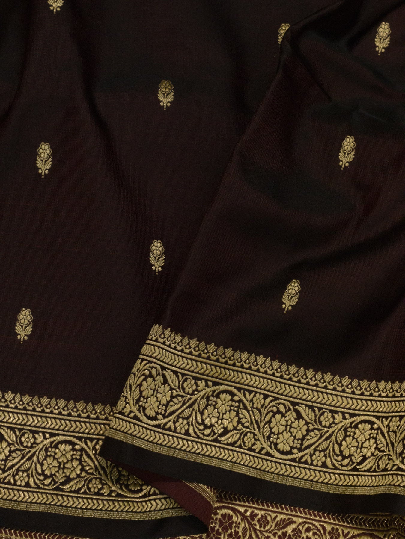 Wine Pure Satin Silk Handloom Saree with Kadhwa Koniya Pallu & Border & Fine Zari Khaddi Buti