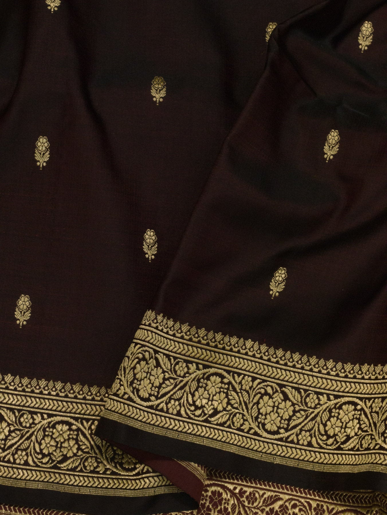 Pure Satin Silk Wine Banarasi Handloom Saree with Kadhwa Koniya Pallu & Border & Fine Zari Khaddi Buti - ZARISPIRE