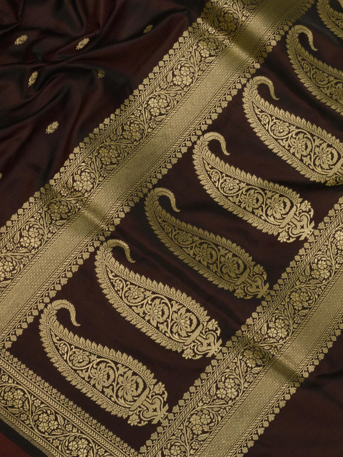 Pure Satin Silk Wine Banarasi Handloom Saree with Kadhwa Koniya Pallu & Border & Fine Zari Khaddi Buti - close-up - ZARISPIRE