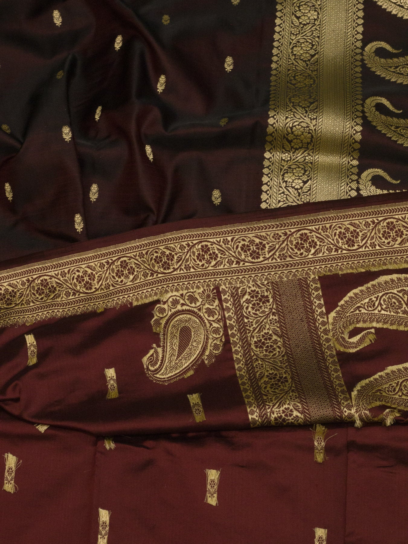 Pure Satin Silk Wine Banarasi Handloom Saree with Kadhwa Koniya Pallu & Border & Fine Zari Khaddi Buti - ZARISPIRE