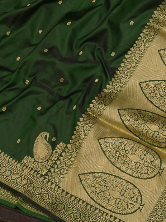 Bottle Green Pure Satin Silk Handloom Saree with Kadhwa Koniya Pallu & Border & Fine Zari Khaddi Buti