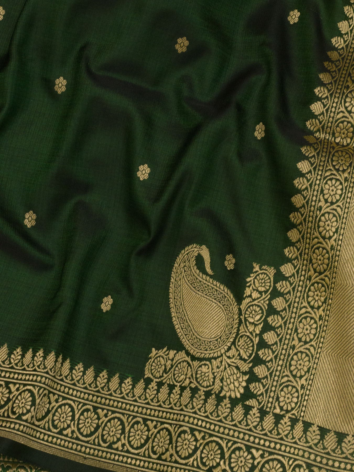Pure Satin Silk Bottle Green Banarasi Handloom Saree with Kadhwa Koniya Pallu & Border & Fine Zari Khaddi Buti - ZARISPIRE