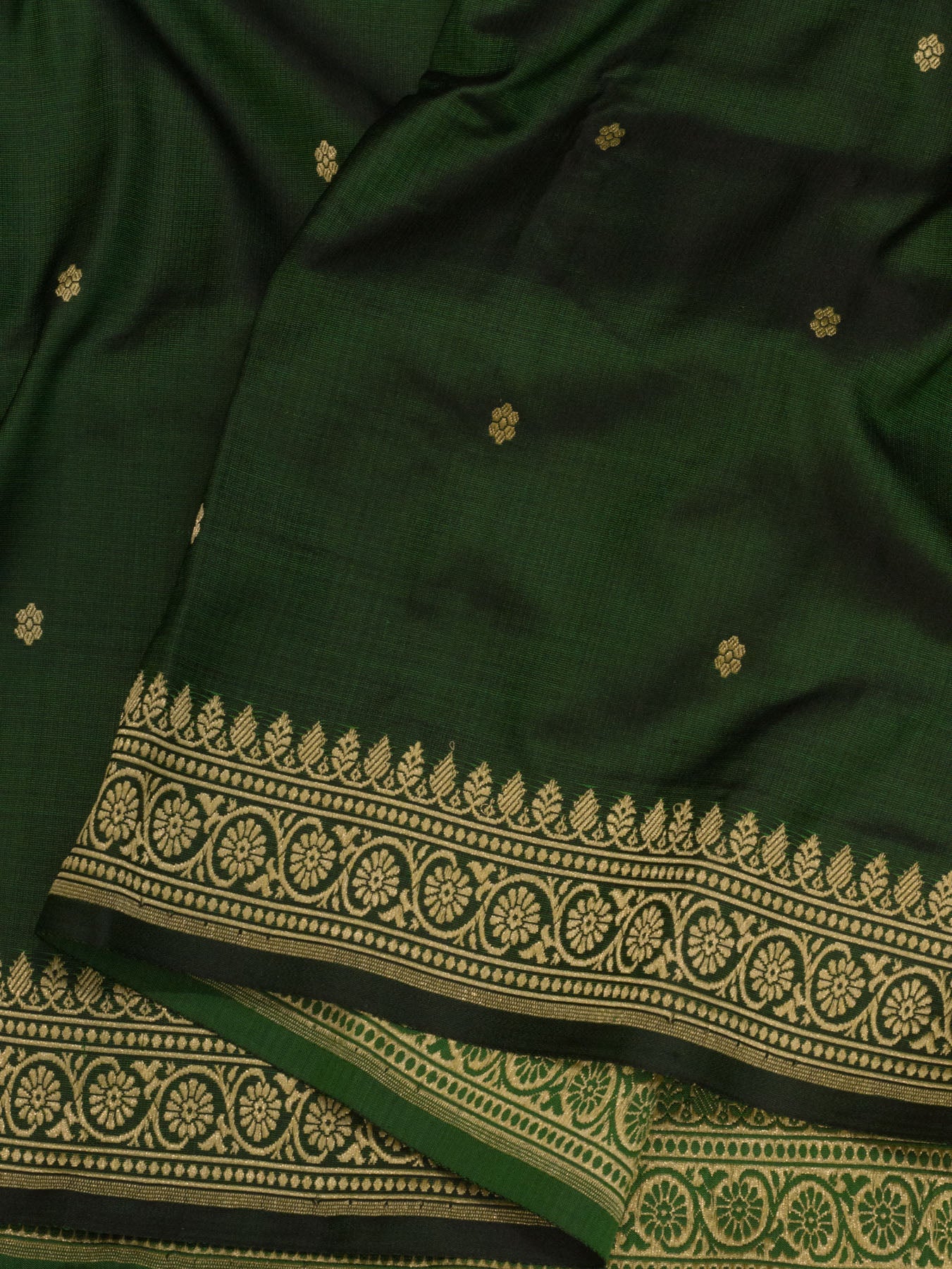 Bottle Green Pure Satin Silk Handloom Saree with Kadhwa Koniya Pallu & Border & Fine Zari Khaddi Buti