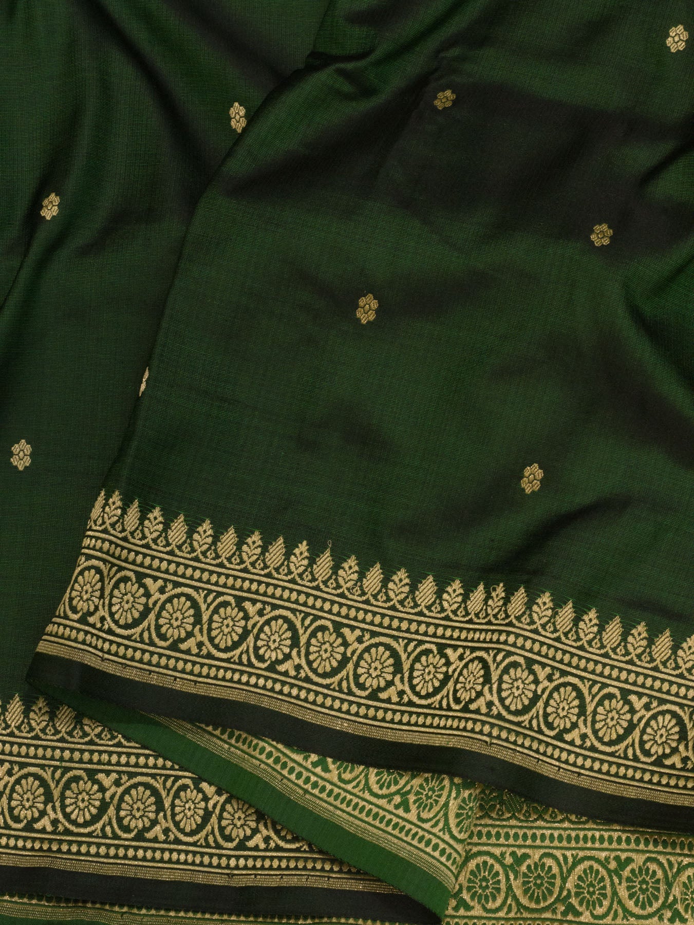 Pure Satin Silk Bottle Green Banarasi Handloom Saree with Kadhwa Koniya Pallu & Border & Fine Zari Khaddi Buti - ZARISPIRE