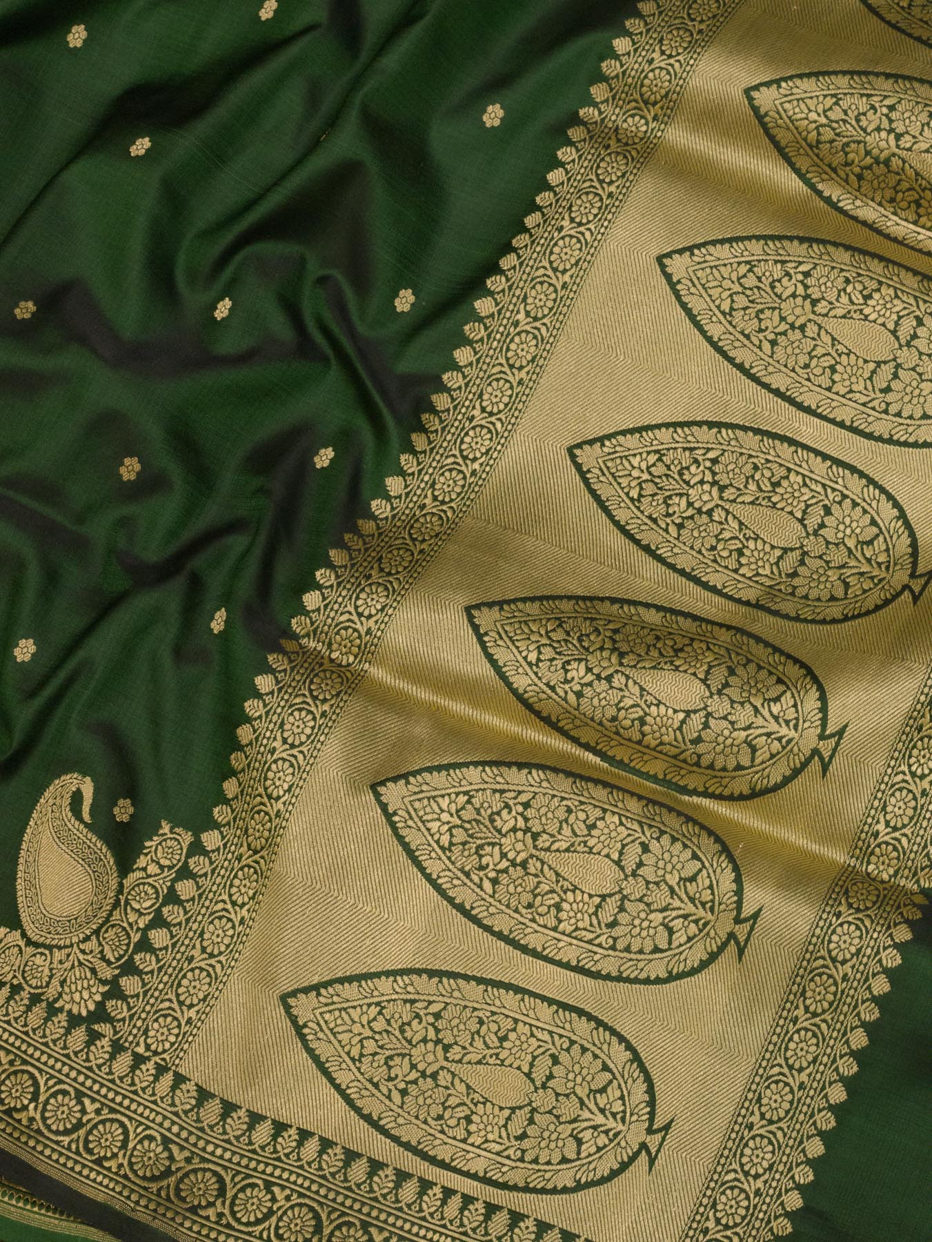 Pure Satin Silk Bottle Green Banarasi Handloom Saree with Kadhwa Koniya Pallu & Border & Fine Zari Khaddi Buti - ZARISPIRE