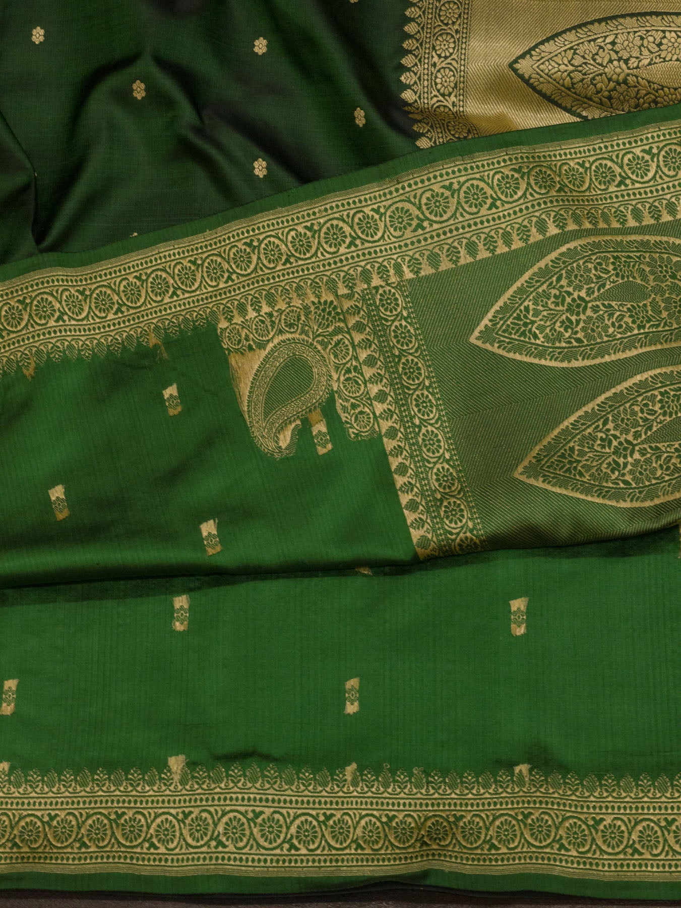 Bottle Green Pure Satin Silk Handloom Saree with Kadhwa Koniya Pallu & Border & Fine Zari Khaddi Buti