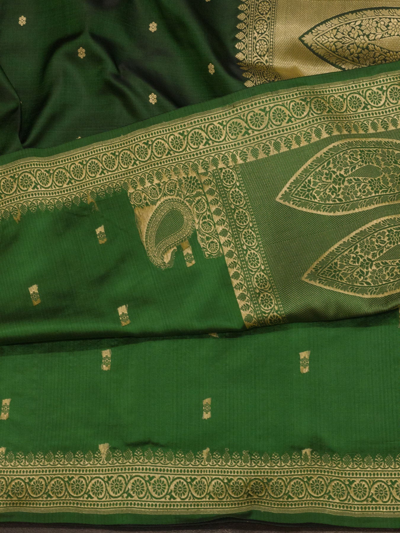 Pure Satin Silk Bottle Green Banarasi Handloom Saree with Kadhwa Koniya Pallu & Border & Fine Zari Khaddi Buti - ZARISPIRE
