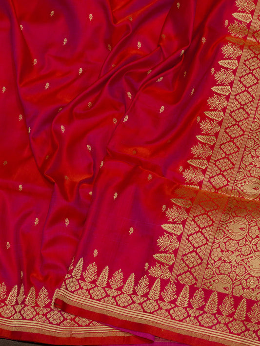 Dhoop Chaon Red Rani Satin Silk Handloom Saree with Kadhwa Border & Pallu and Khaddi Fine Zari Buti