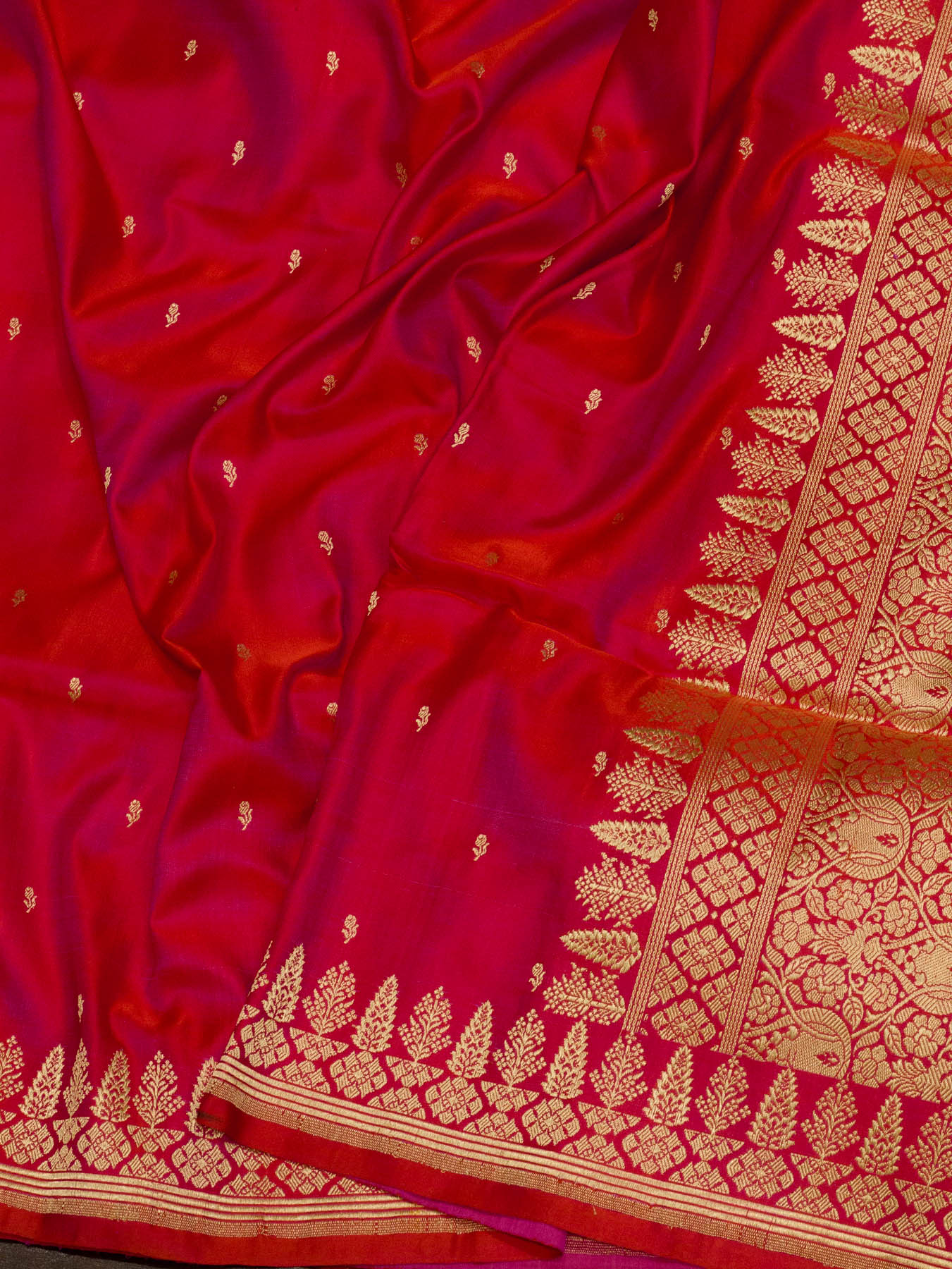 Pure Satin Silk Wine Banarasi Dhoop Chaon Red Rani Handloom Saree with Kadhwa Border & Pallu and Khaddi Fine - ZARISPIRE